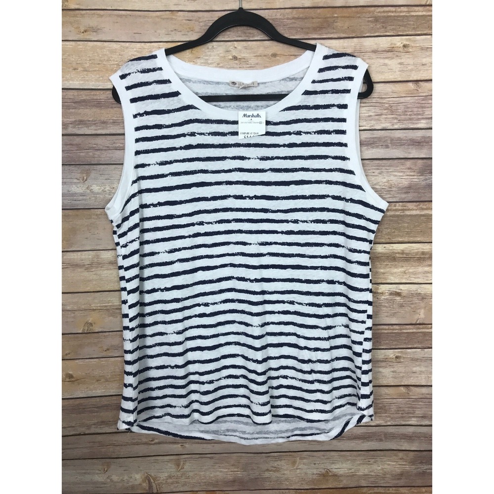 Lila Rose Top Womens XL Scoop Neck Blue Stripe Tank Linen Blend Knit Lightweight